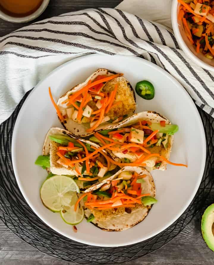Cornmeal Baked Fish Tacos with Jalapeno, Apple and Carrot Slaw Josie
