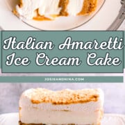 A slice of Italian Amaretti ice cream cake layered with ice cream, caramel, and crumbled cookies for a pinterest image
