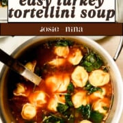 A pot of turkey tortellini soup with spinach and sliced carrots, accompanied by a ladle. The text above the pot reads, 30 Minute Recipe: Turkey Tortellini Soup. The bottom text reads, josie + nina.