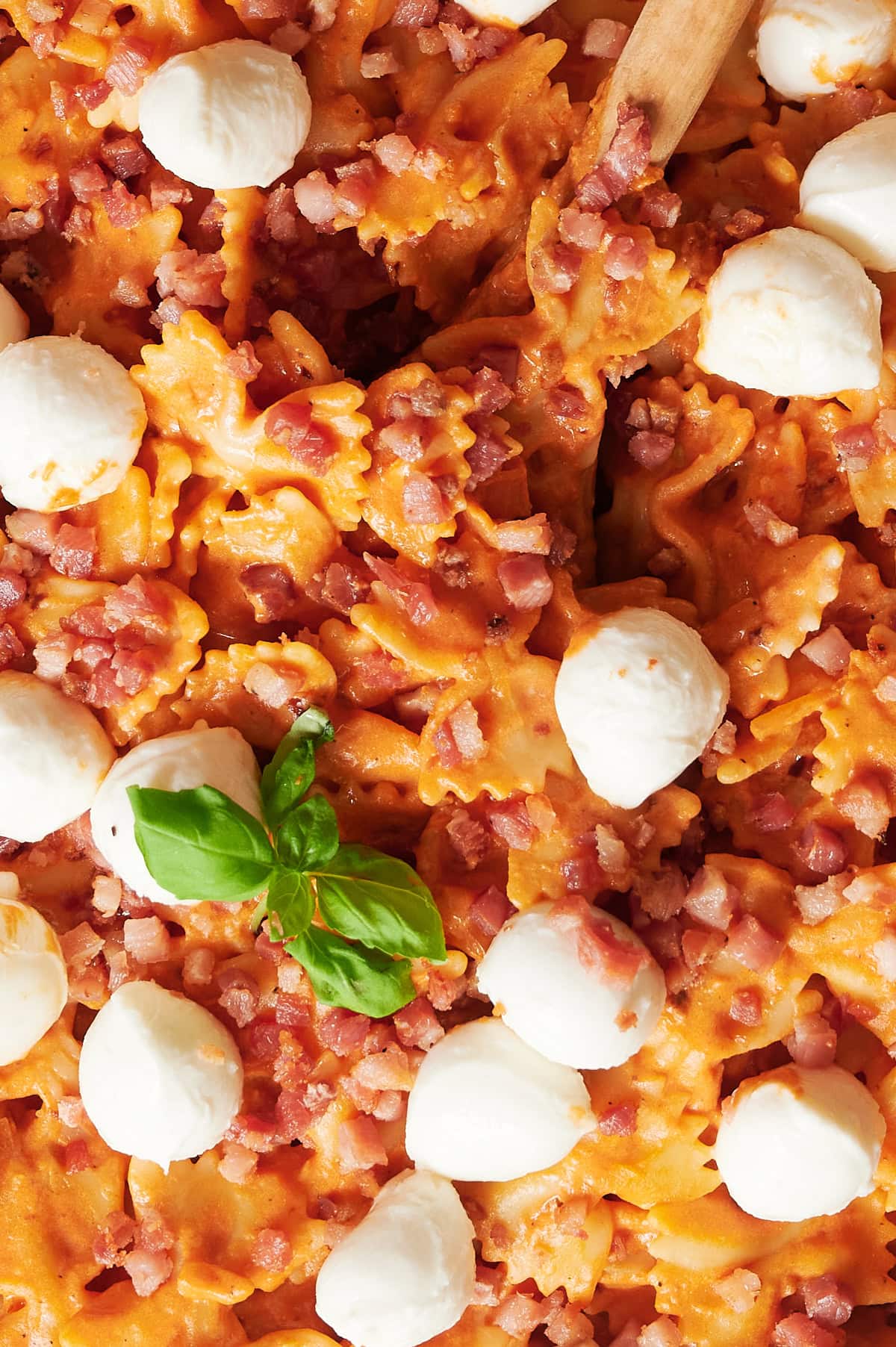 Close-up of bowtie pasta with spicy vodka sauce with pancetta, diced ham, mozzarella balls, and a basil garnish.