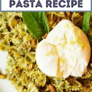 pinterest image with title of creamy bow tie pasta