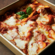 Finished baked pan of meatball lasagna uncut