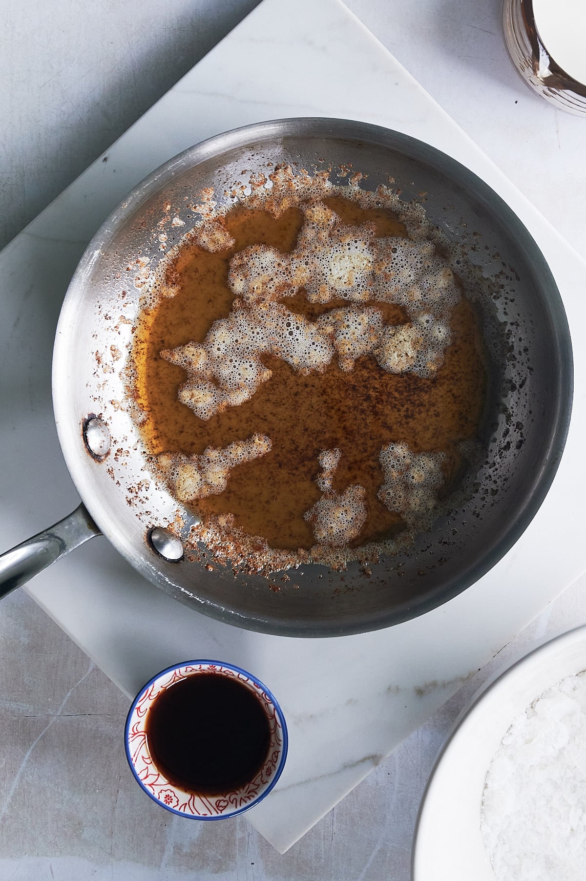 browned butter in skillet for apple cake glaze