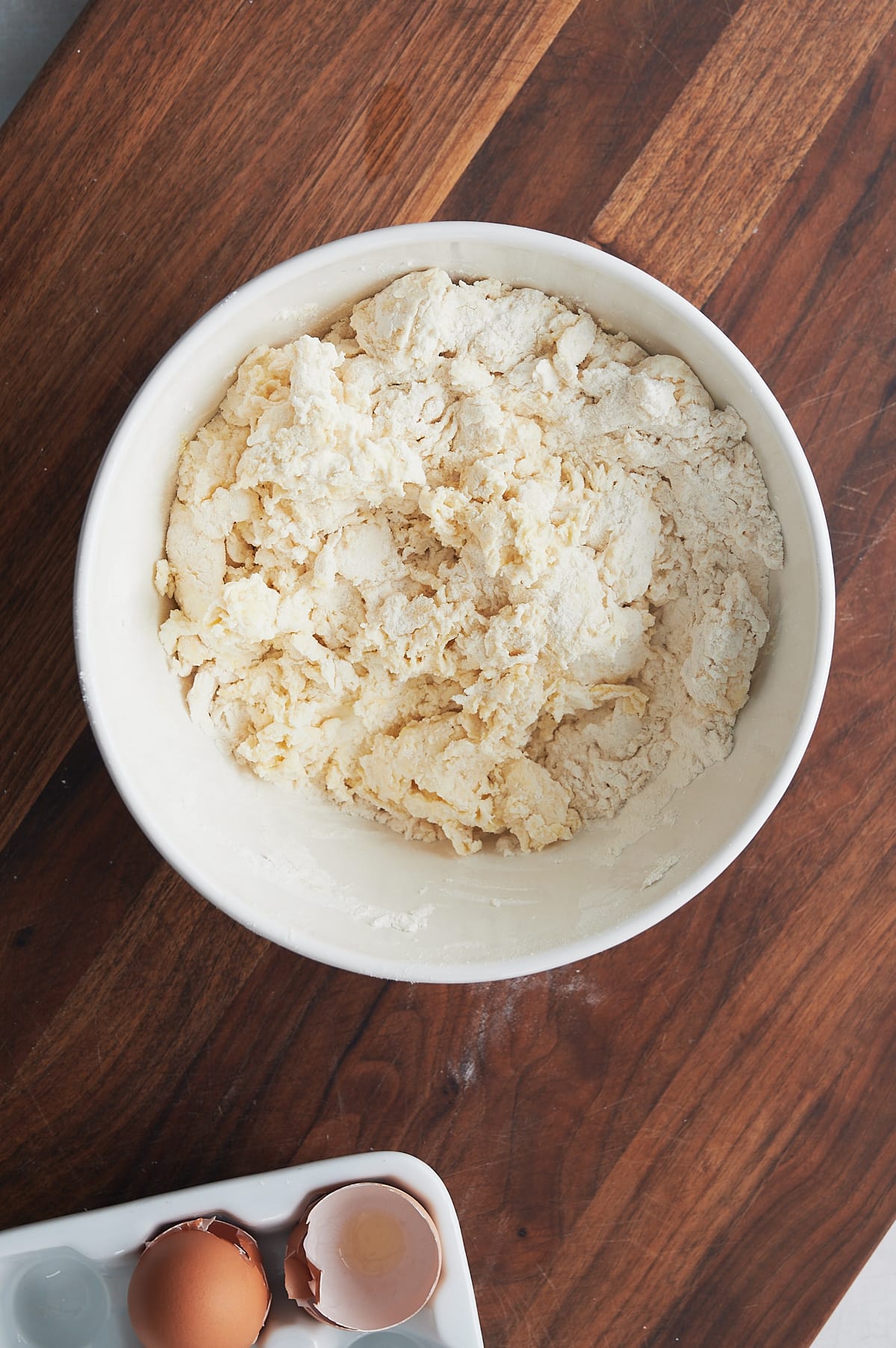 bowl of cavatelli pasta dough mixed together