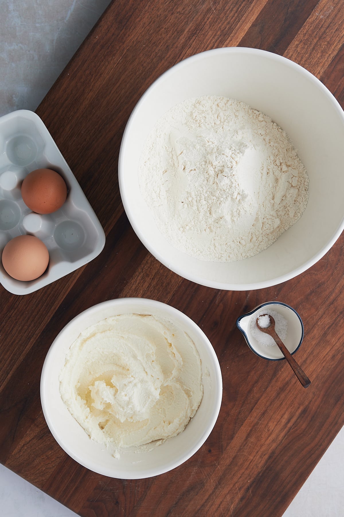 ingredients in bowls to make cavatelli pasta