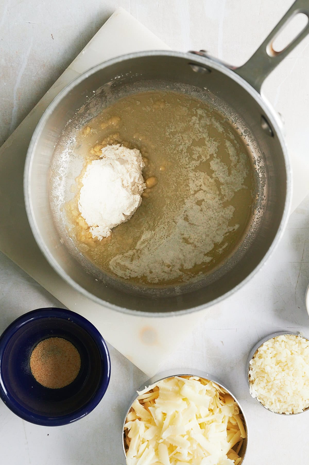 Flour and butter for a roux for cheese dipping sauce.