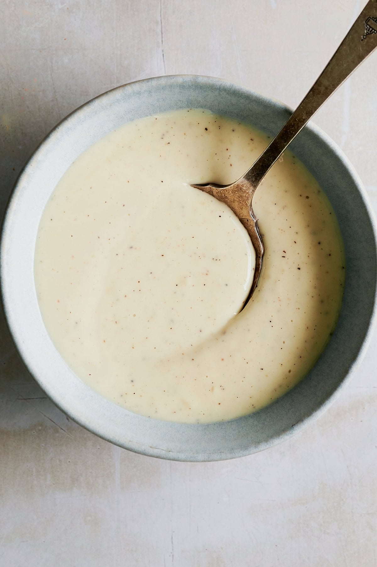 Light gray bowl with cheese sauce and a spoon in it.