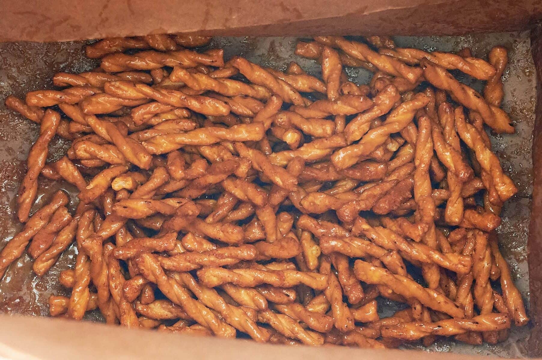 Honey mustard mix on top of butter braid pretzels.