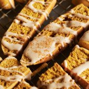 Zoom of pumpkin biscotti sprinkled with turbinado sugar.