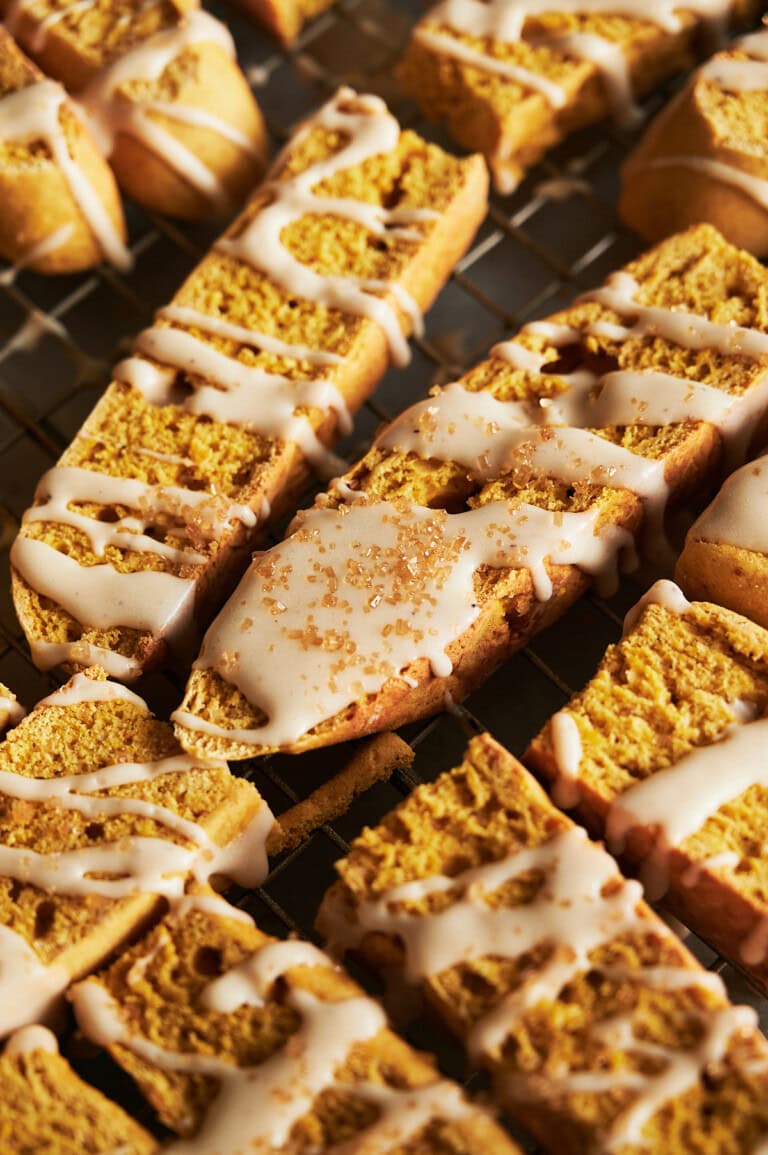 Zoom of pumpkin biscotti sprinkled with turbinado sugar.