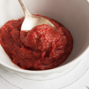 Silver spoon holding tomato paste pizza sauce in a white bowl on a white plate.