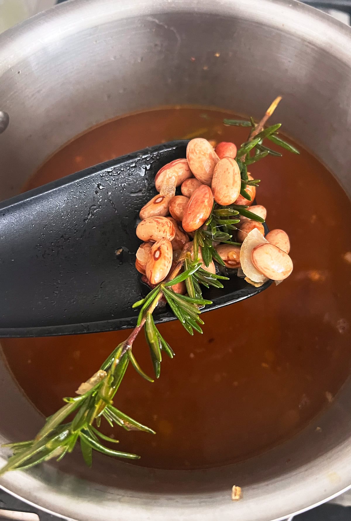 Close-up of a black spoon holding cooked beans and a sprig of rosemary over a pot of bean stock.