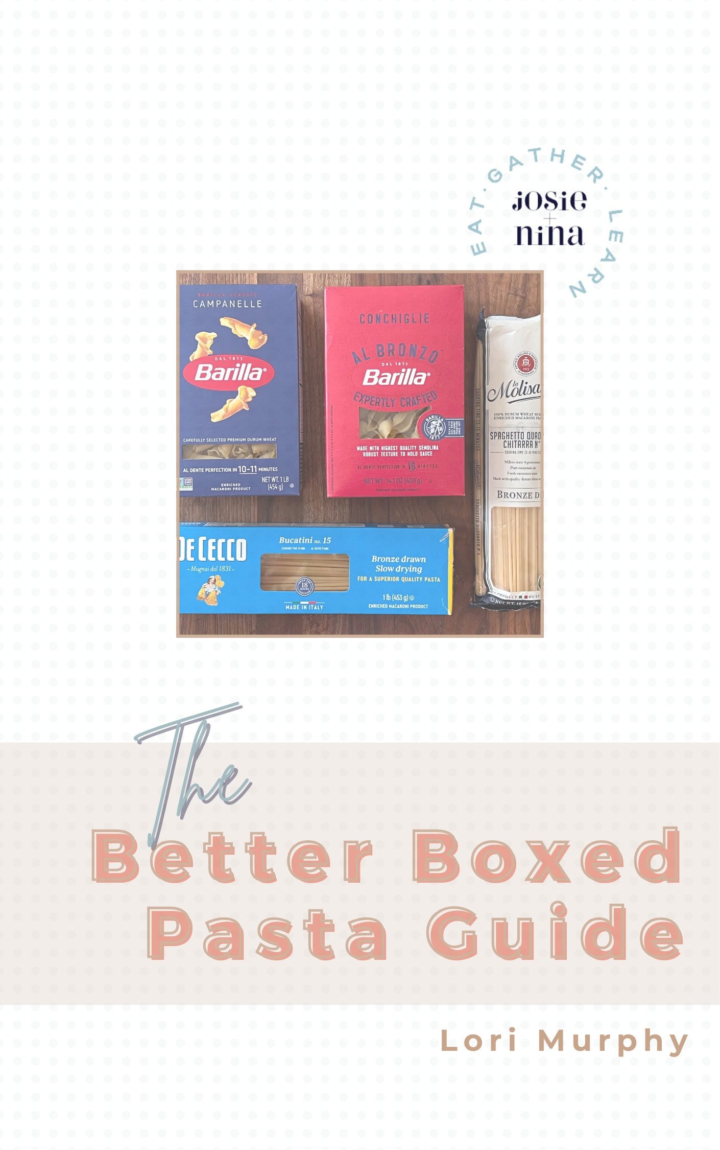 An image showing boxes of Barilla Campanelle, Barilla Conchiglie, De Cecco Penne Rigate pasta, and a bottle of Monini olive oil—essentials for any pantry list. Text reads The Better Boxed Pasta Guide by Lori Murphy.