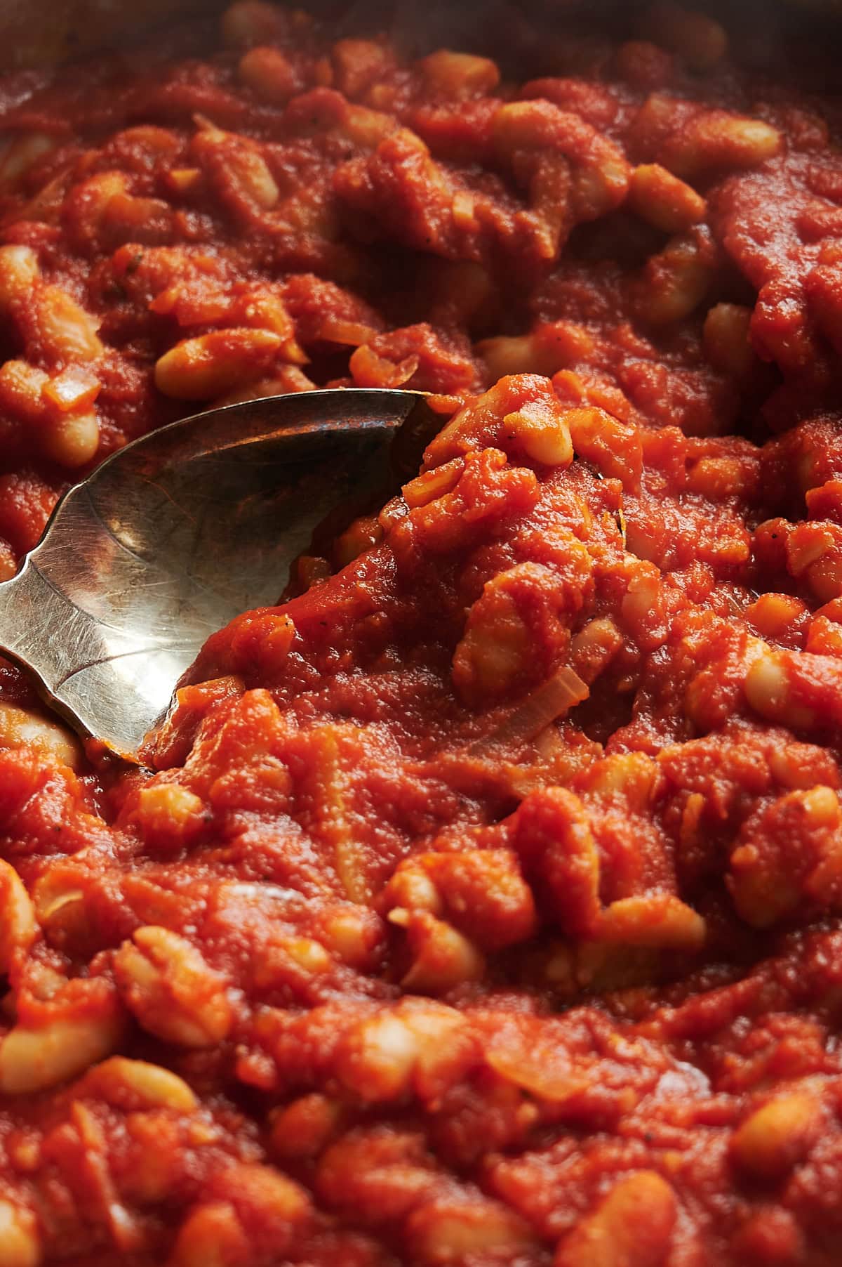A close-up of a metal spoon scooping thick tomato sauce mixed with white beans. The sauce appears chunky and well-cooked, with visible pieces of tomato and beans throughout.