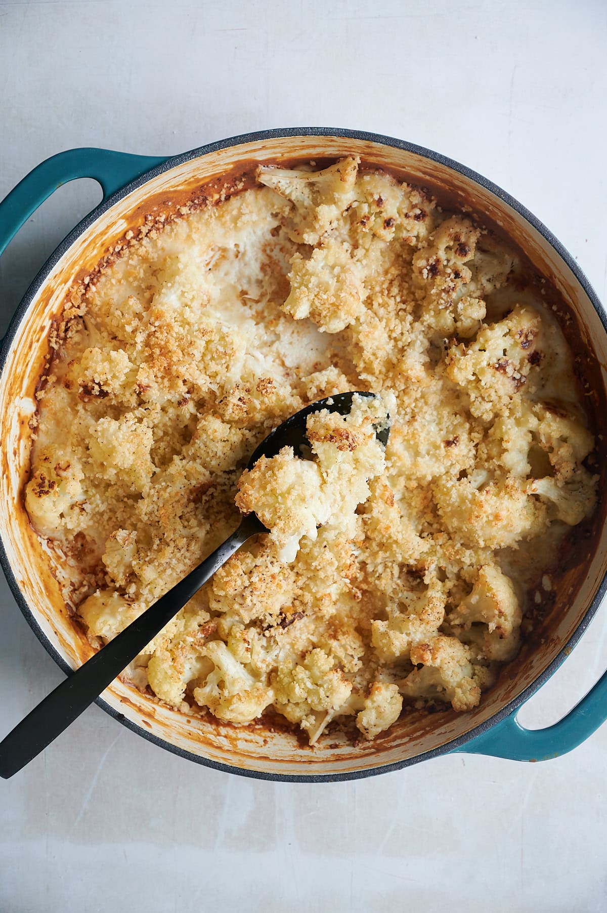 A round blue Dutch oven filled with cauliflower gratin topped with golden breadcrumbs; a black serving spoon rests inside, scooping out a portion of the dish.