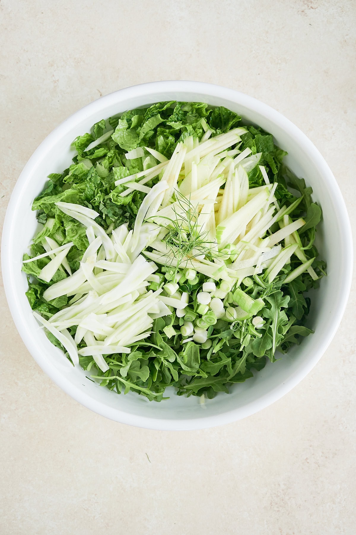 A white bowl filled with chopped green leafy vegetables, thinly sliced fennel, green apple sticks, and sliced scallions on a light surface.