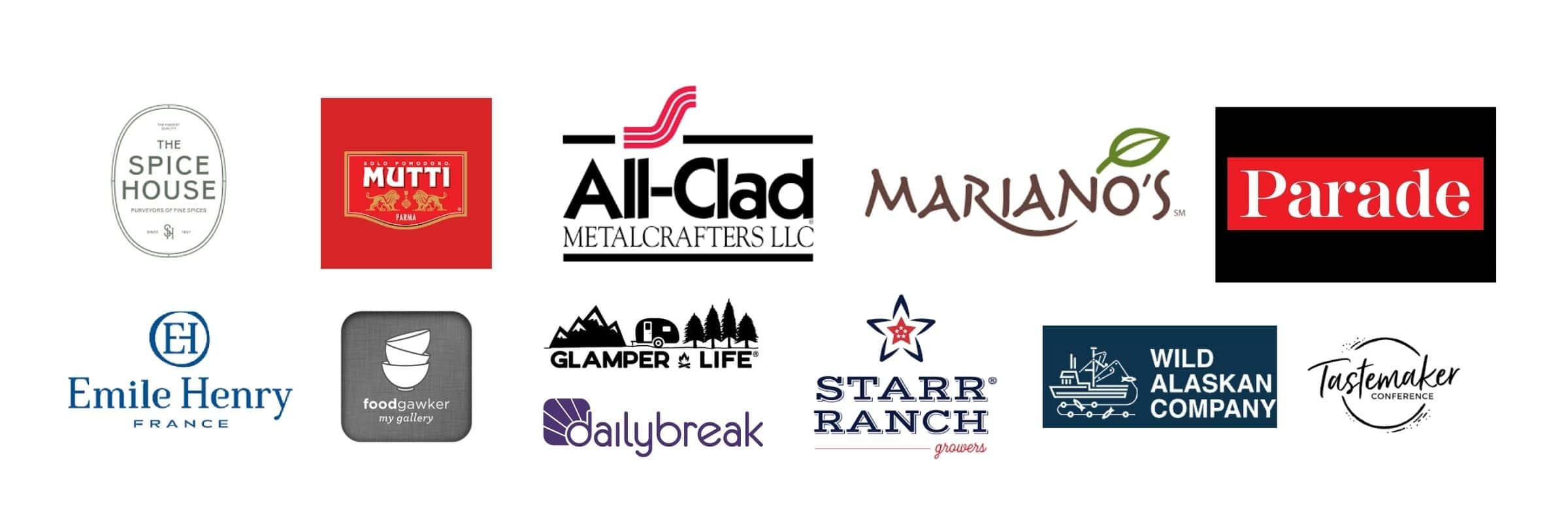 A grid of twelve brand logos, including The Spice House, Mutti, All-Clad, Marianos, Parade, Emile Henry, and others, on a white background.