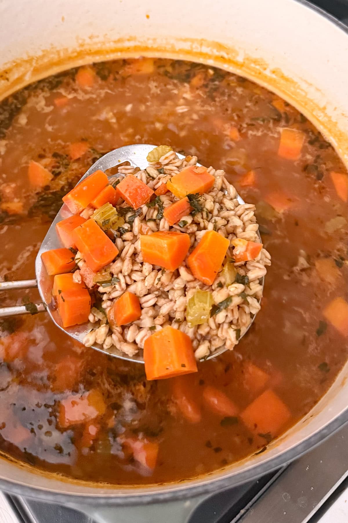 A ladle holds a serving of vegetables and farro soup with carrots and celery over a pot filled with the same soup.