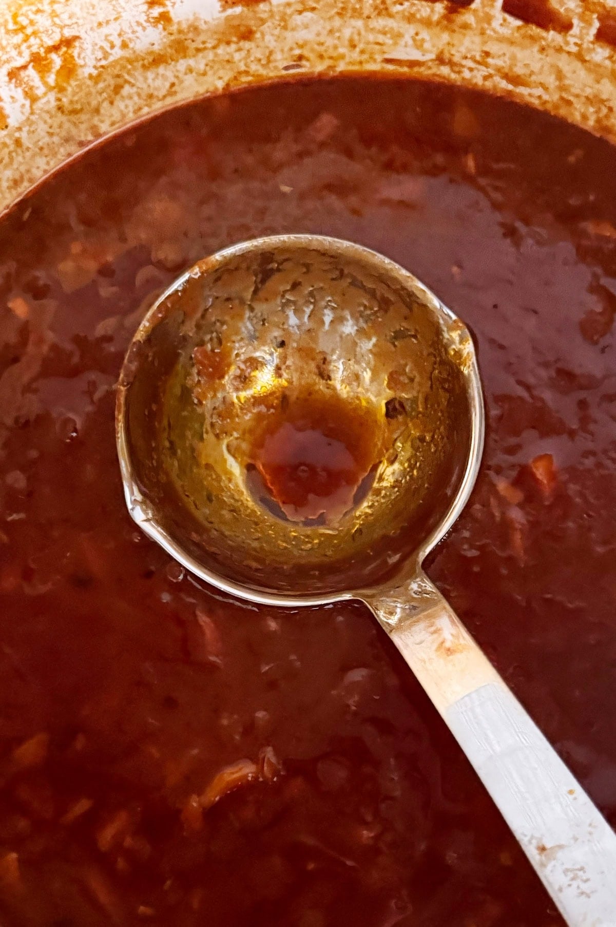 A close-up of a metal ladle resting in a pot of thick, dark red wine tomato sauce, with some sauce inside the ladle.