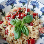 Orzo pasta with cherry tomatoes, grated cheese, garlic and fresh basil in a floral blue and white bowl with a spoon.